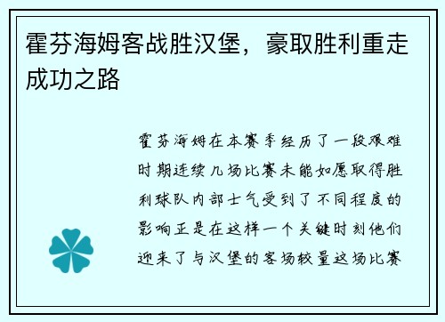 霍芬海姆客战胜汉堡，豪取胜利重走成功之路